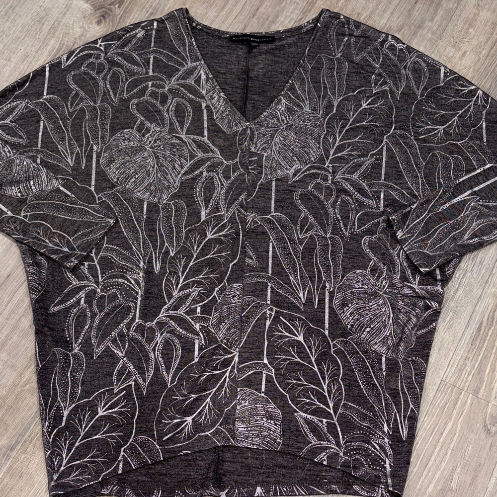 White House Black Market Charcoal Leaf V-Neck Top